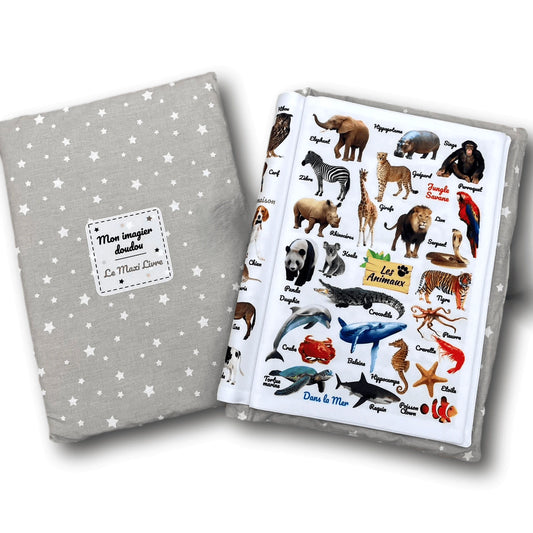 Livre éveil imagier tissu bébé - thèmes animaux, repas, transports, couleurs