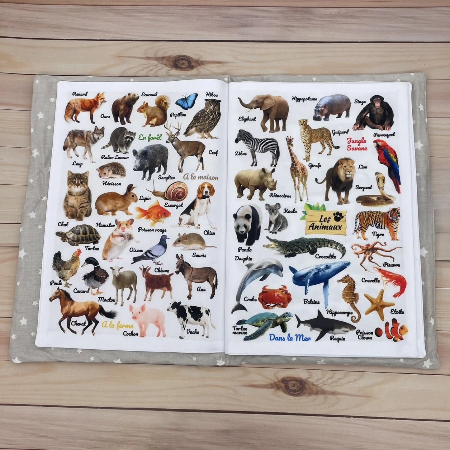 Livre éveil imagier tissu bébé - thèmes animaux, repas, transports, couleurs