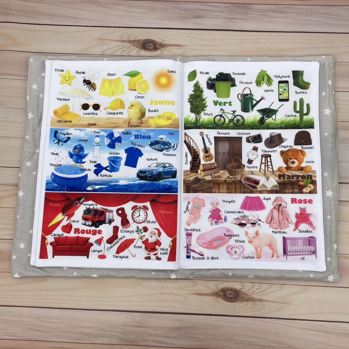 Livre éveil imagier tissu bébé - thèmes animaux, repas, transports, couleurs