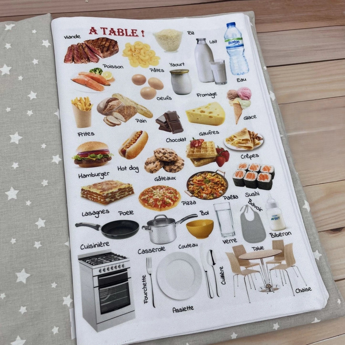 Livre éveil imagier tissu bébé - thèmes animaux, repas, transports, couleurs