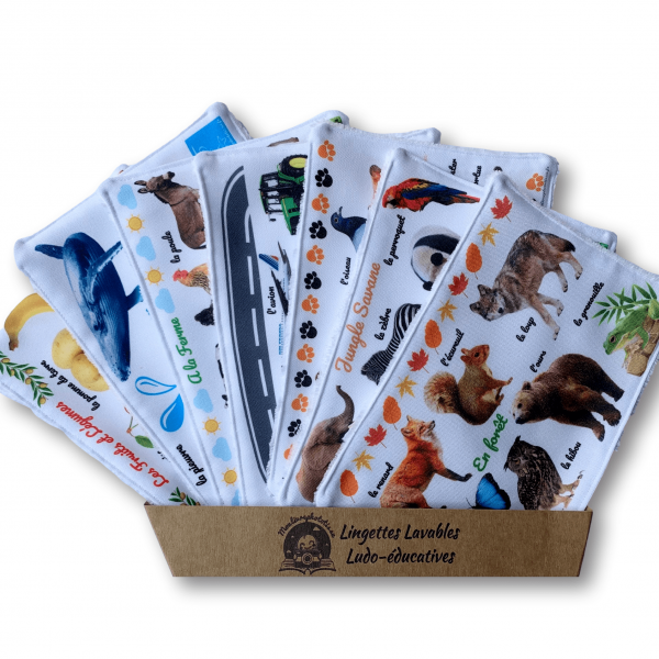 Lot de 7 Maxi Lingettes lavables ludo-éducatives Animaux, Véhicules et Fruits et Légumes