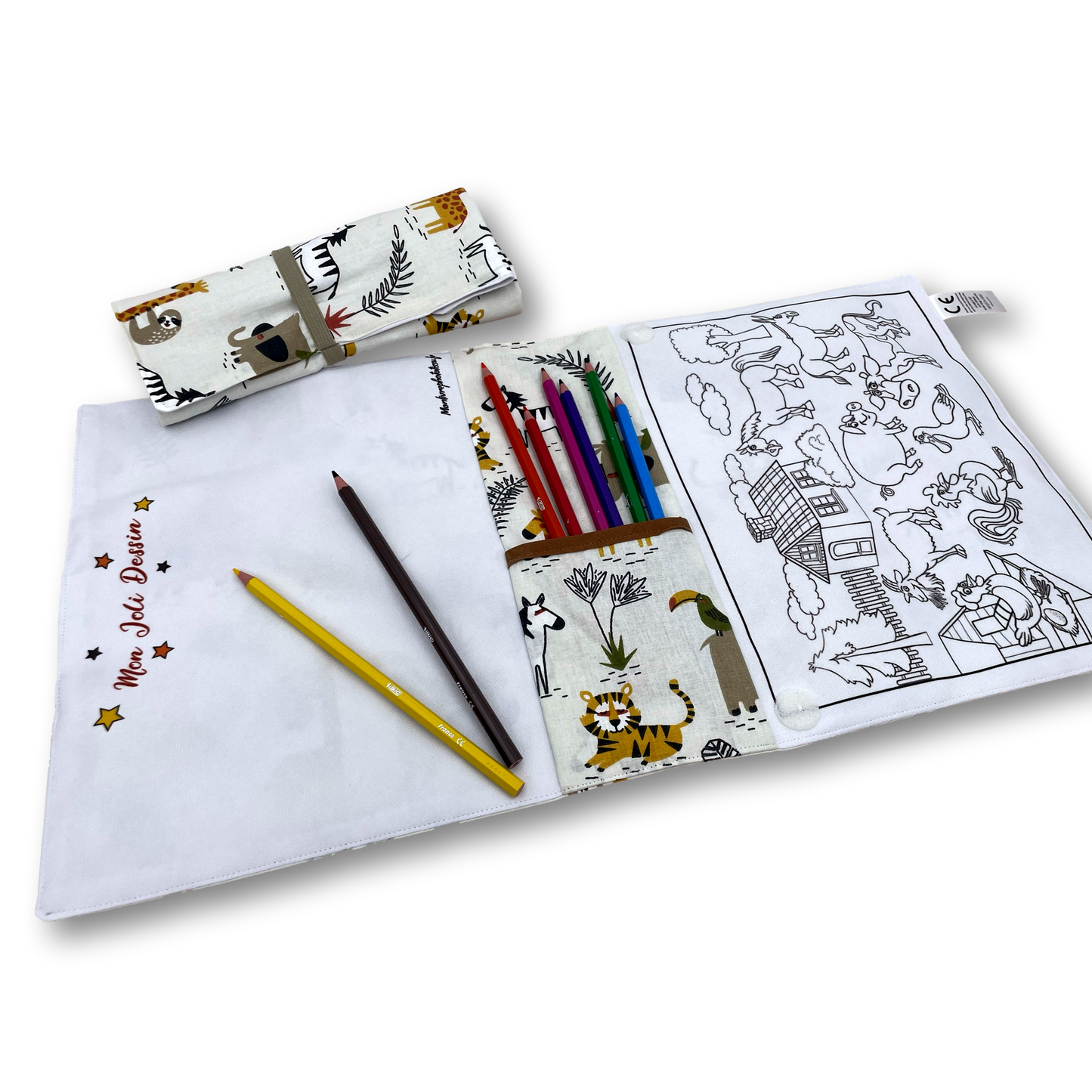 Pochette coloriage et dessin 2 en 1, 100% tissu, lavable et réutilisable thème Animaux