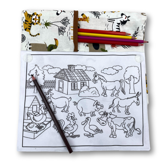 Pochette coloriage et dessin 2 en 1, 100% tissu, lavable et réutilisable thème Animaux