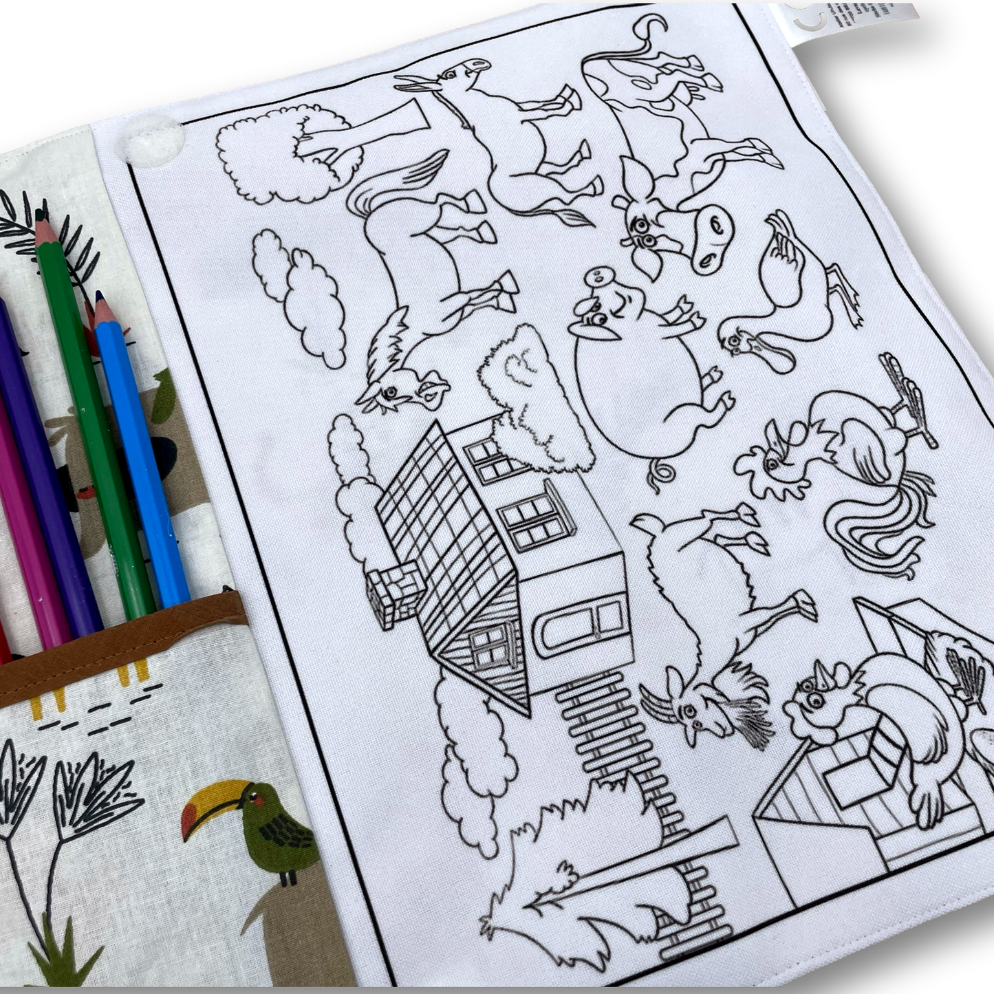 Pochette coloriage et dessin 2 en 1, 100% tissu, lavable et réutilisable thème Animaux