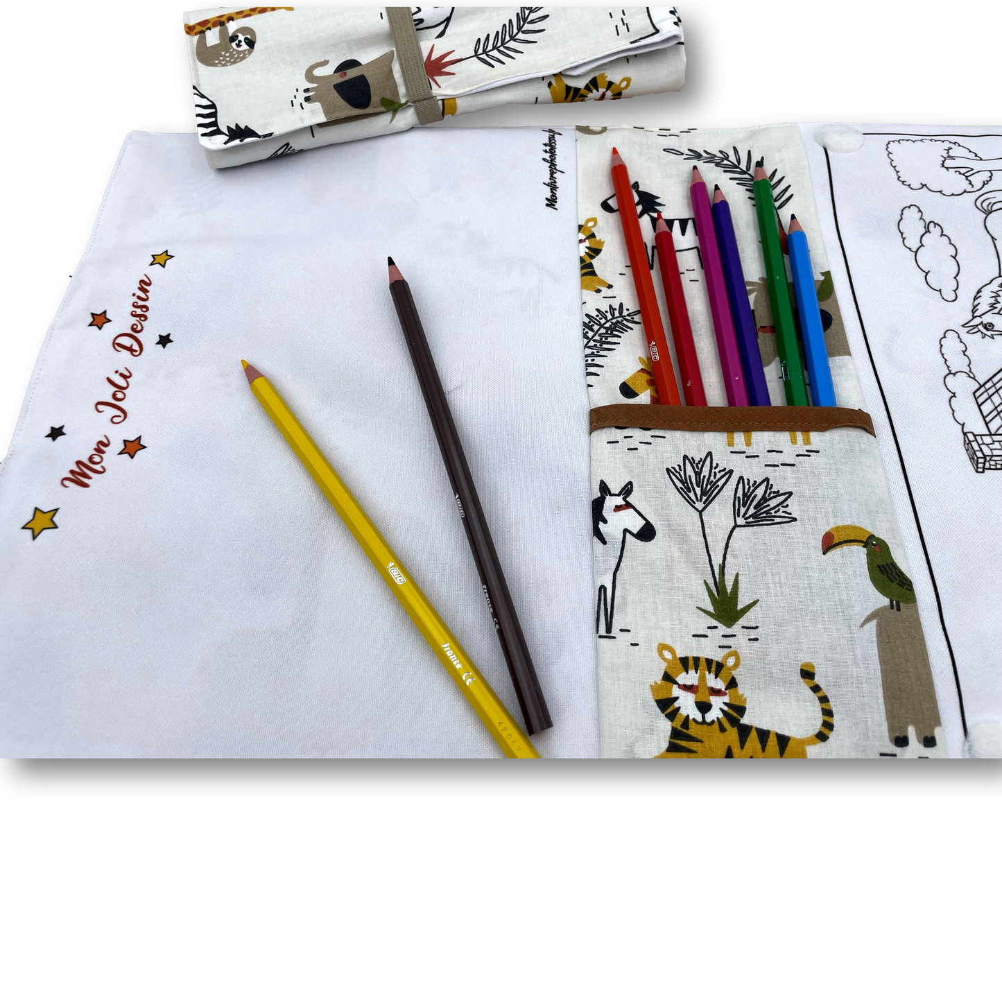 Pochette coloriage et dessin 2 en 1, 100% tissu, lavable et réutilisable thème Animaux