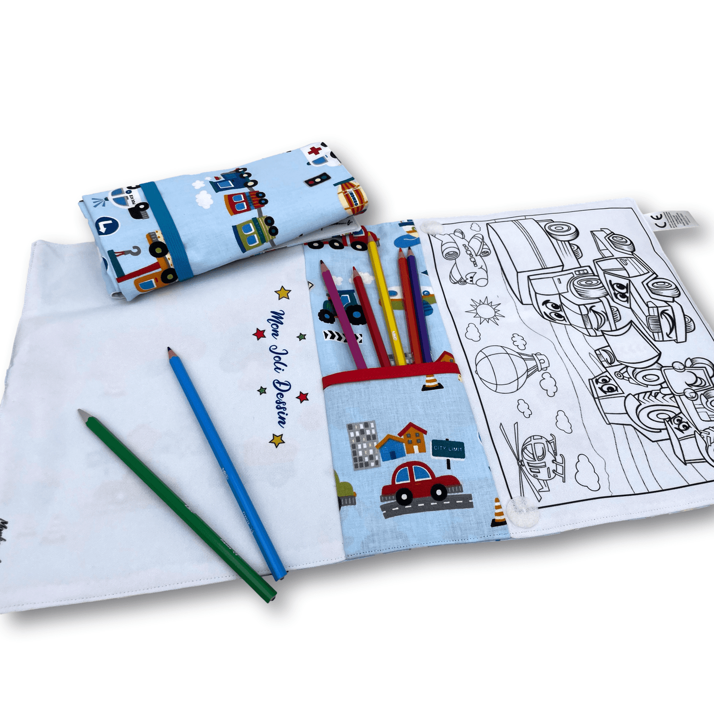 Pochette coloriage et dessin 2 en 1, 100% tissu, lavable et réutilisable thème Véhicules