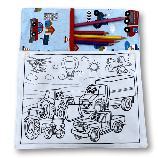 Pochette coloriage et dessin 2 en 1, 100% tissu, lavable et réutilisable thème Véhicules