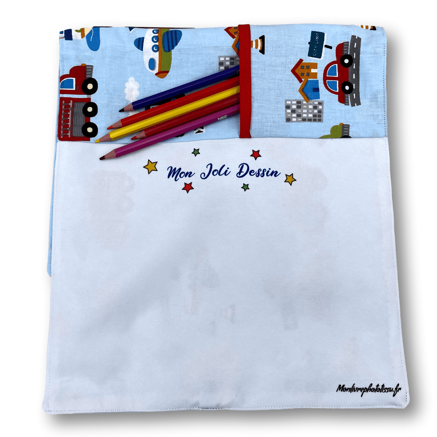 Pochette coloriage et dessin 2 en 1, 100% tissu, lavable et réutilisable thème Véhicules