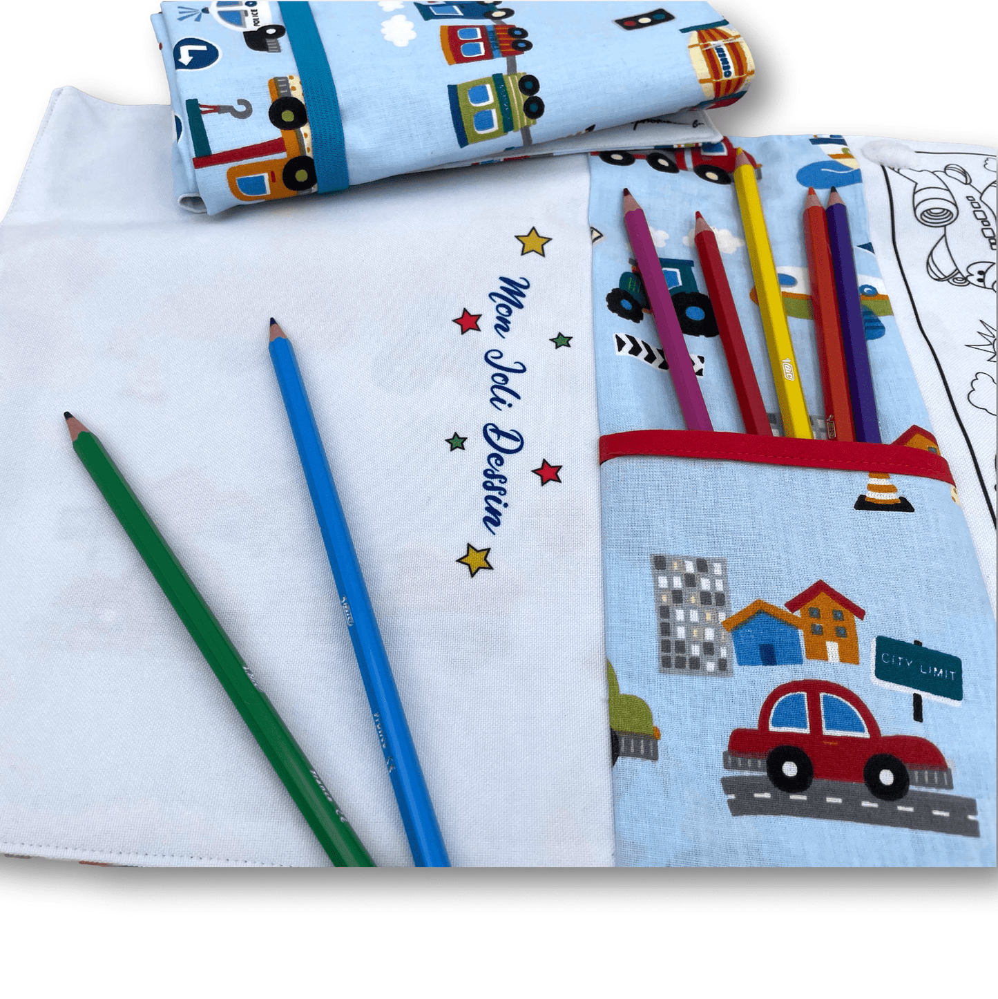 Pochette coloriage et dessin 2 en 1, 100% tissu, lavable et réutilisable thème Véhicules