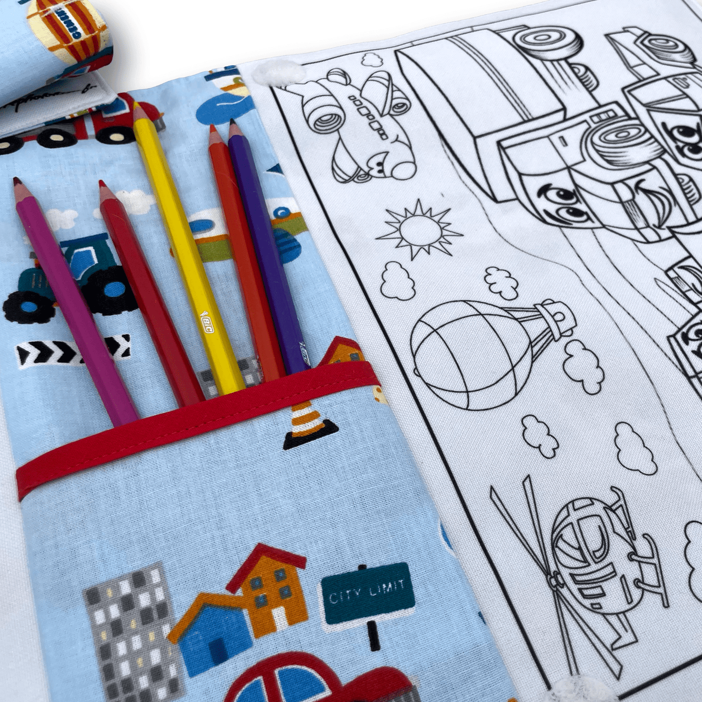 Pochette coloriage et dessin 2 en 1, 100% tissu, lavable et réutilisable thème Véhicules